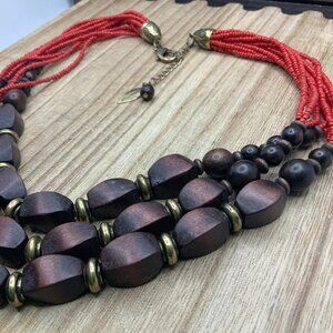 Coldwater Creek Boho Red Multi Strands Wood Beaded Necklace